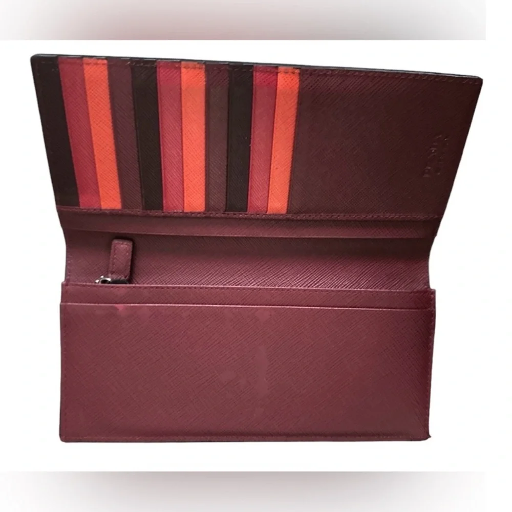 PRADA Saffiano Leather Long Wallet Black Burgundy Multi-Color‎ Interior